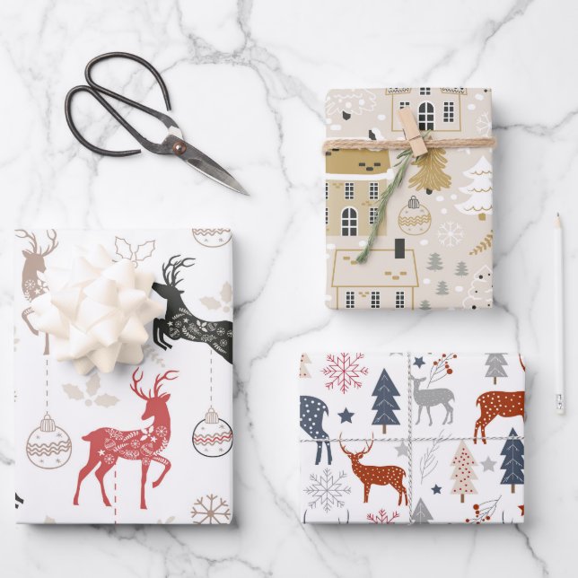 Hoja De Papel De Regalo Patrones de Navidad de Reno (Anverso)