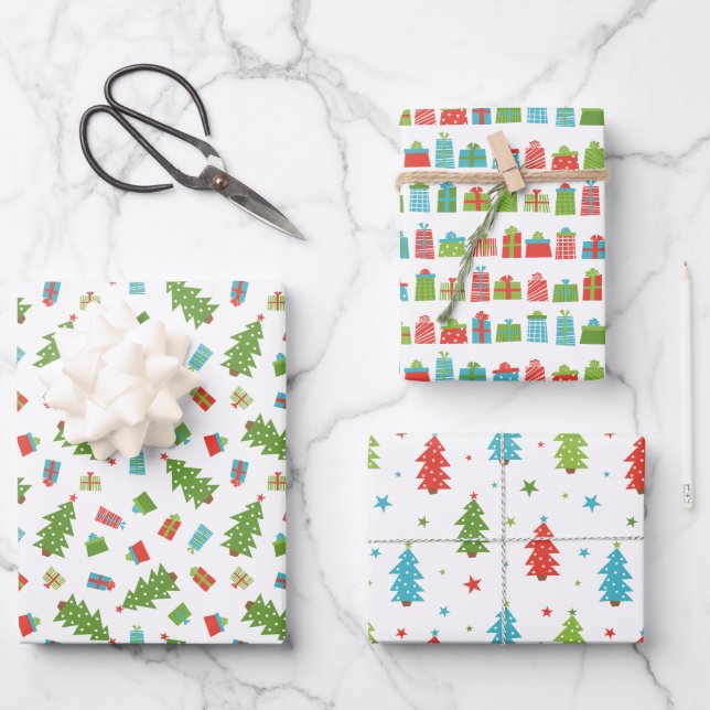 Hoja De Papel De Regalo Patrones de Navidades de Arbol y Regalos de Whimsi (Anverso)