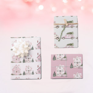 Hoja De Papel De Regalo Patrones de Navidades rosados de época