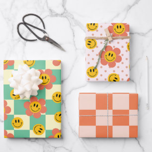 Hoja De Papel De Regalo Patrones de tablero de ajedrez retro con flores