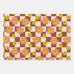 Hoja De Papel De Regalo Patrones de tablero de ajedrez retro con flores