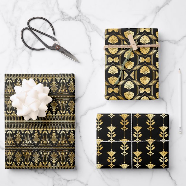 Hoja De Papel De Regalo Patrones dorados y negros de arte floral (Anverso)