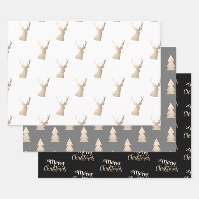 Hoja De Papel De Regalo Patrones elegantes de Navidades de oro de cobre (Set)