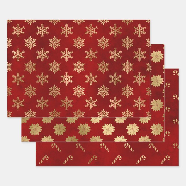 Hoja De Papel De Regalo Patrones elegantes de Navidades rojos y dorados (Set)