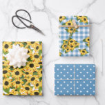 Hoja De Papel De Regalo Patrones florales de girasoles con lunares de ging<br><div class="desc">Hojas de papel de regalo de girasoles con patrones mixtos coincidentes: uno con muchos girasoles amarillos, uno con lunares azules y blancos, y otro con gingham azul con racimos de girasoles. ¡Para fiestas de bebé de barbacoa, fiestas de compromiso de barbacoa, fiestas de bebé de barbacoa, cumpleaños de barbacoa y...</div>