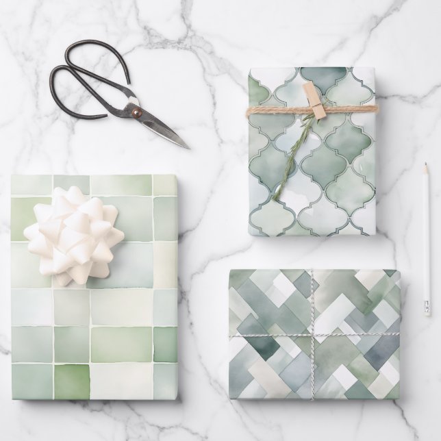 Hoja De Papel De Regalo Patrones geométricos de la acuarela verde boho Sag (Anverso)