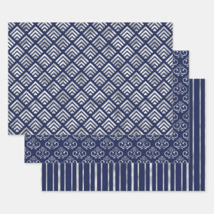 Hoja De Papel De Regalo Patrones geométricos elegantes de azul marino y pl