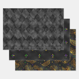 HOJA DE PAPEL DE REGALO PATRONES MARDI GRAS DE PURPLE VERDE DE ORO NEGRO