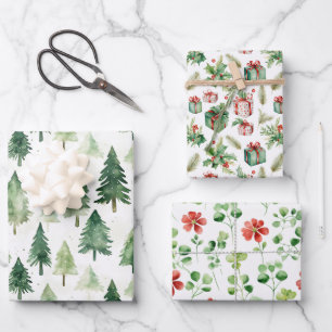 Hoja De Papel De Regalo Patrones Navideños Pintados a Mano con Acuarela