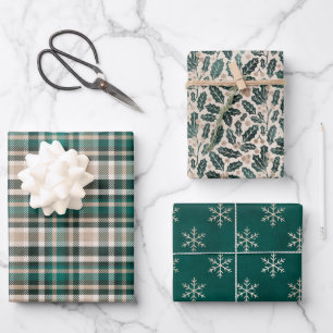 Hoja De Papel De Regalo Patrones Navideños Verdes Rústicos y Marrones