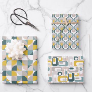 Hoja De Papel De Regalo Patrones RetroMod Aqua Azul Turquesa Rosa Amarillo