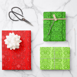 Hoja De Papel De Regalo Patrones rojos y verdes de la tonalidad de Damask