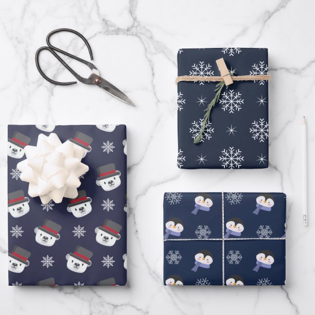 Hoja De Papel De Regalo Patt de Navidades de invierno con el oso pingüino  (Anverso)
