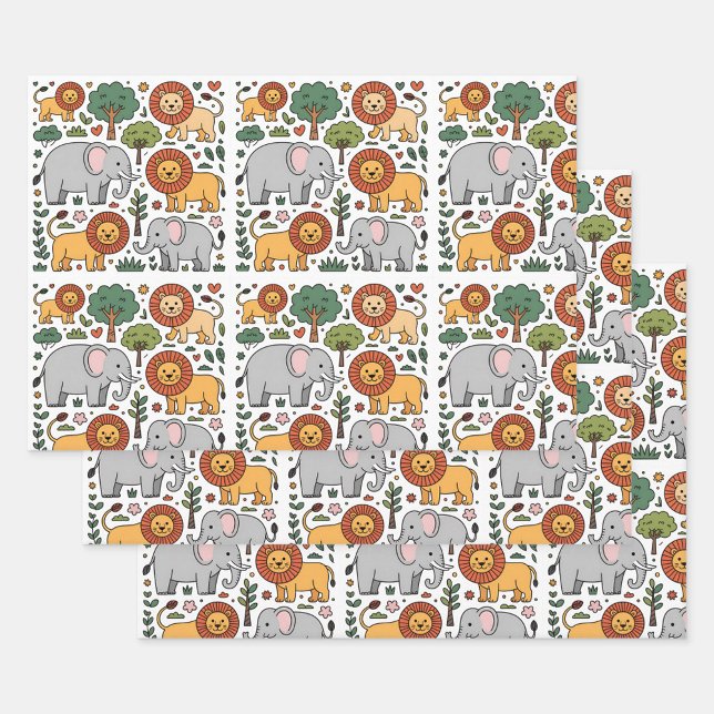 Hoja De Papel De Regalo Patterned design featuring elephants, lions. (Subido por el creador)