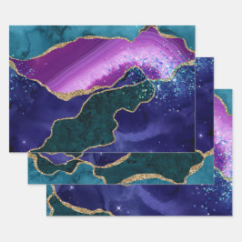 Hoja De Papel De Regalo Pavo Real Agata con Purpurina Dorada, Purpura y Ve