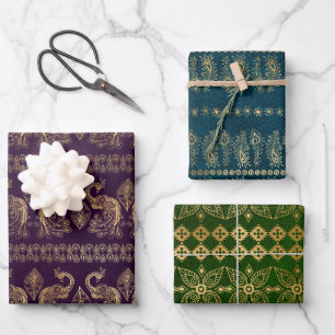 Hoja De Papel De Regalo Pavo real bohemio con lámina de oro sobre fondo te