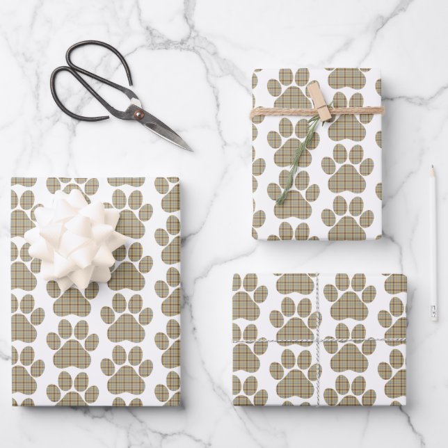 Hoja De Papel De Regalo Paw Shape Plaid Tan Dog Cat (Anverso)