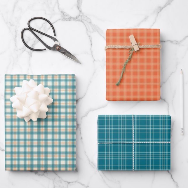 Hoja De Papel De Regalo Peach and Teal Plaid (Anverso)