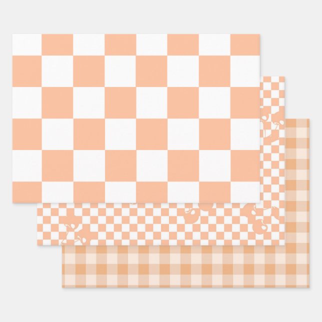 Hoja De Papel De Regalo Peach Fuzz Checkered Gingham Pattern (Set)
