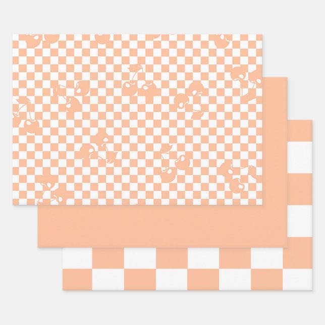 Hoja De Papel De Regalo Peach Fuzz Cherry Gingham Pattern (Set)