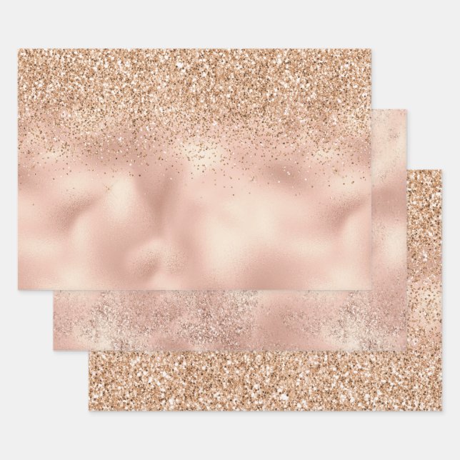 Hoja De Papel De Regalo Peach Rosa Gold Glitzy Purpurina Sparkle   (Set)