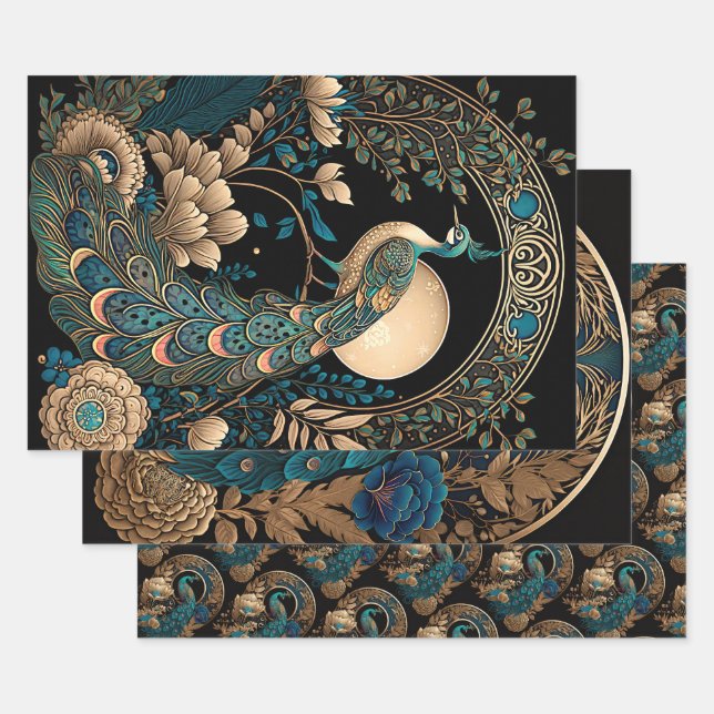 Hoja De Papel De Regalo Peacock Art Deco (Set)