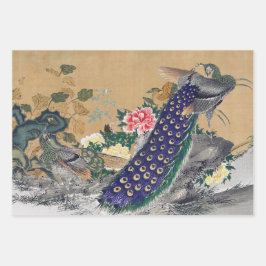 Hoja De Papel De Regalo Peacock de Chinoiserie con Rosa seco y azul oscuro