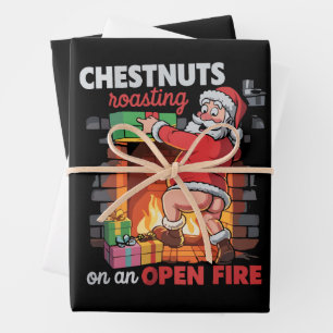 Hoja De Papel De Regalo Pechos Nueces Asándose Divertido Travieso Santa Su