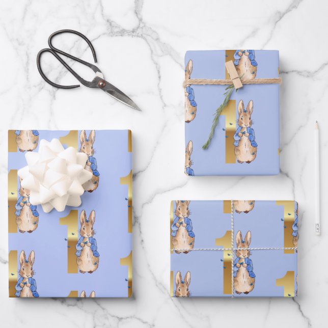 Hoja De Papel De Regalo Pedro el conejo con mariposas azules (Anverso)