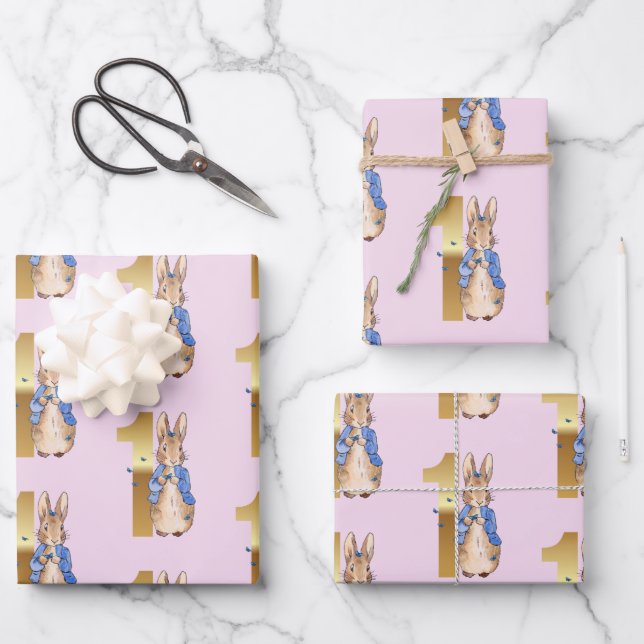 Hoja De Papel De Regalo Pedro el Conejo, primer cumpleaños con mariposas (Anverso)