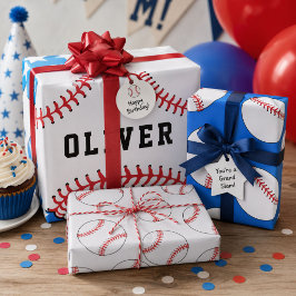 Hoja De Papel De Regalo Pelota de Béisbol Patrón Azul Cumpleaños Nombre Ni