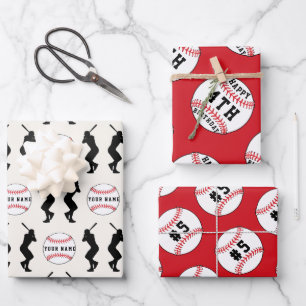 Hoja De Papel De Regalo Pelota de Béisbol Roja Nombre para Niños Deportes
