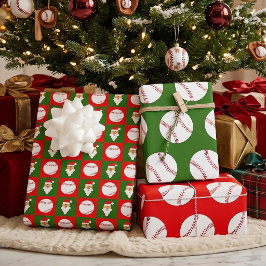 Hoja De Papel De Regalo Pelotas de béisbol y Papá Noel Rojo y Verde Navida