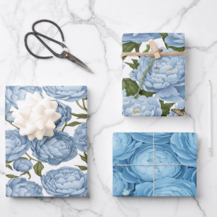 Hoja De Papel De Regalo Peonía Floral de Lujo Azul Claro