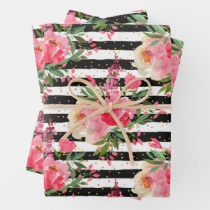 Hoja De Papel De Regalo Peonies Floral Black White Stripes