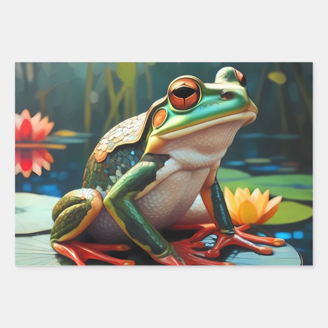 Hoja De Papel De Regalo Pequeñas ranas ricas sentadas en un estanque (Anverso)