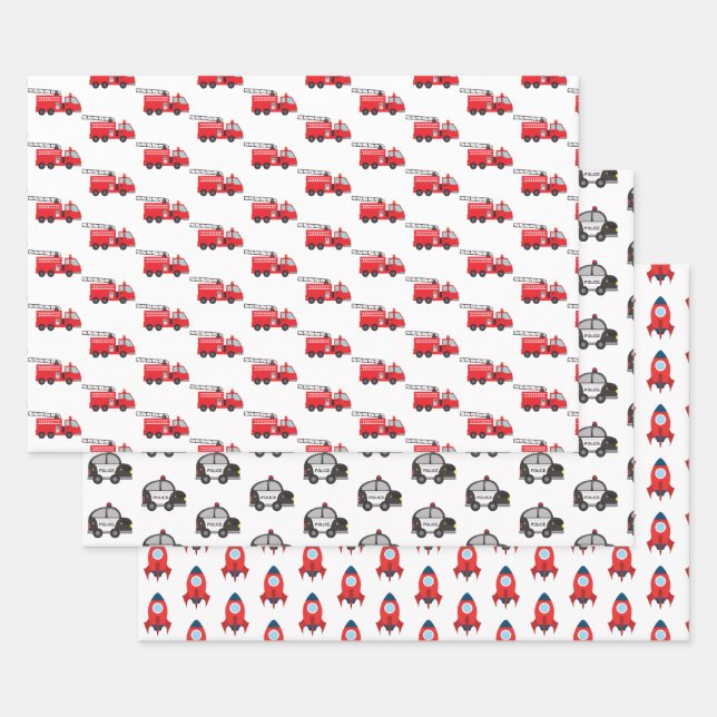 Hoja De Papel De Regalo Pequeño Vehículo: Coche policial, camión de bomber (Set)
