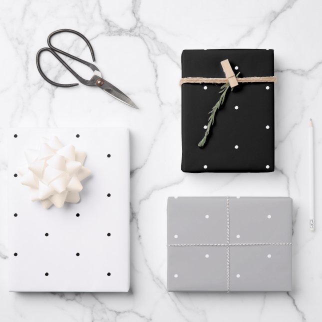 Hoja De Papel De Regalo Pequeños puntos de polka blanco blanco y negro, mo (Anverso)