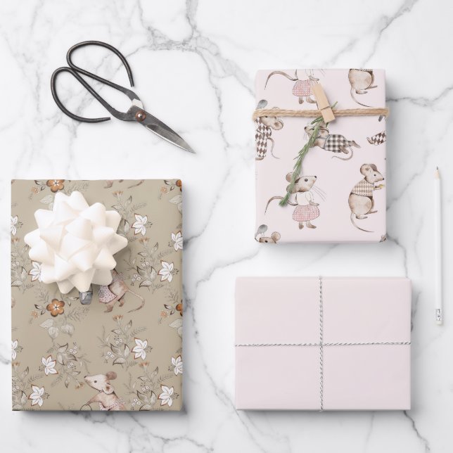 Hoja De Papel De Regalo Pequeños Ratones Marrones Ocupados Bebé (Anverso)