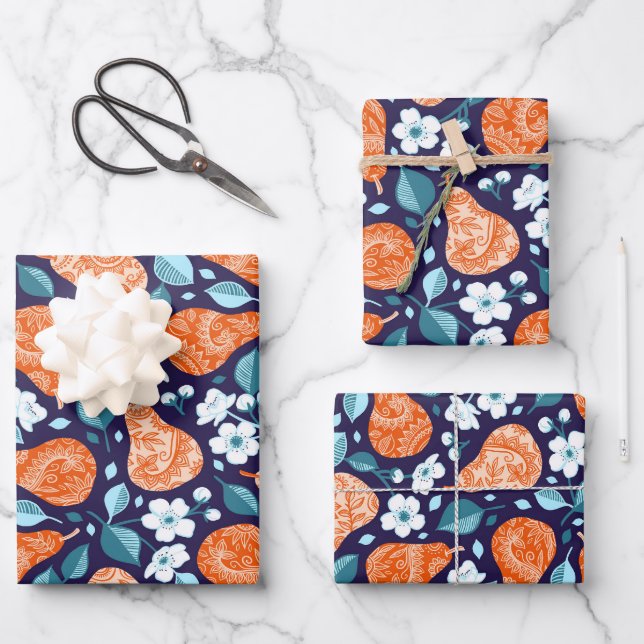 Hoja De Papel De Regalo Peras y flores en Naranja y azul (Anverso)