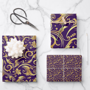 Hoja De Papel De Regalo Pergamino morado real y dorado