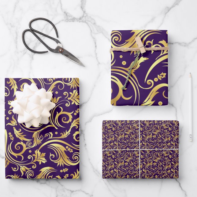Hoja De Papel De Regalo Pergamino morado real y dorado (Anverso)