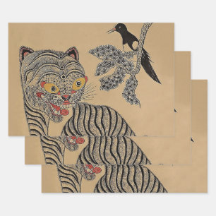 Hoja De Papel De Regalo Pergamino vintage de Minhwa coreano con Tigre