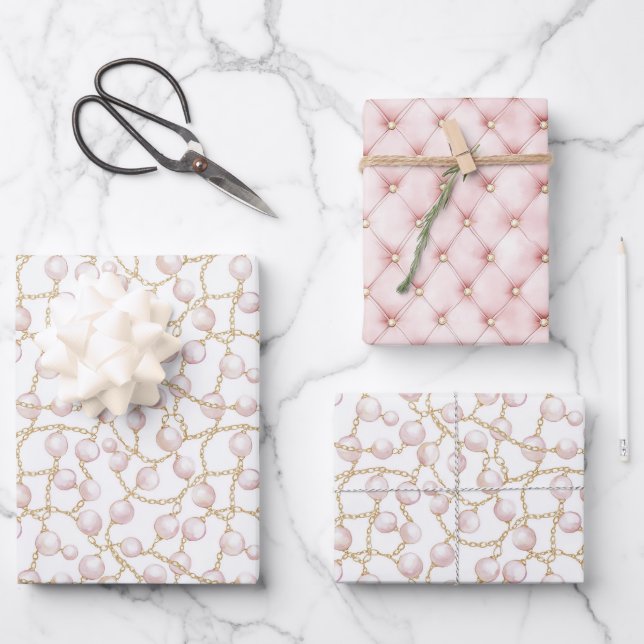 Hoja De Papel De Regalo Perlas Glam Rosa Dorado   (Anverso)