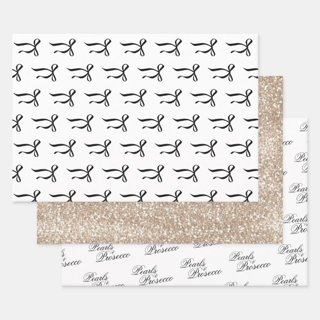 Hoja De Papel De Regalo Perlas y Prosecco Black Bow Bridal Shower (Set)