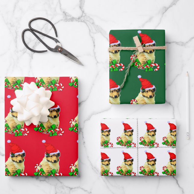 Hoja De Papel De Regalo Perrito Collie Lindo Navidad (Anverso)