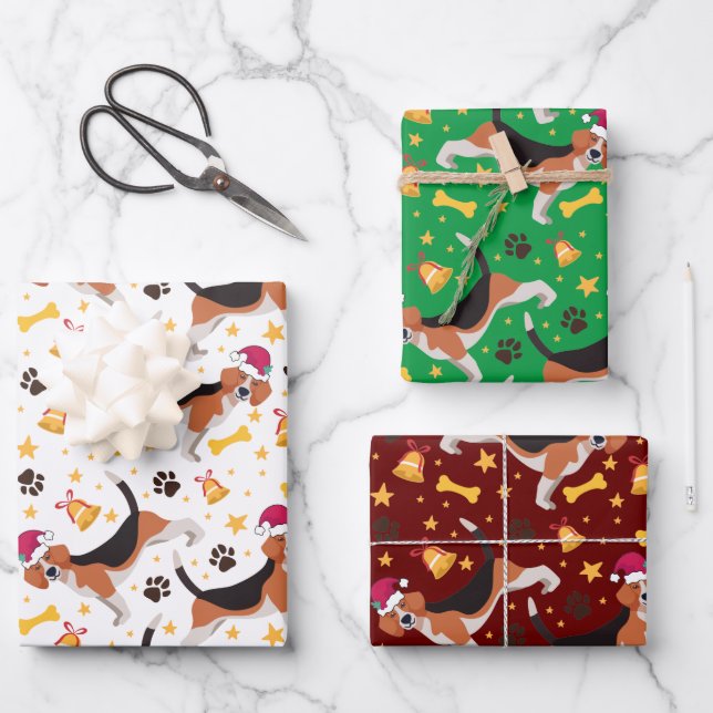 Hoja De Papel De Regalo Perro Beagle Con Navidades De Santa Hat (Anverso)