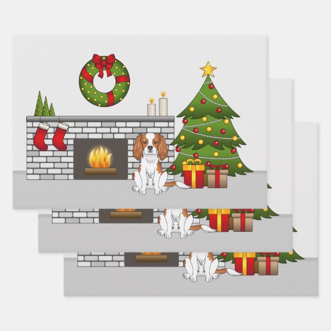 Hoja De Papel De Regalo Perro Cavalier De Blenheim En Una Sala De Navidade (Set)