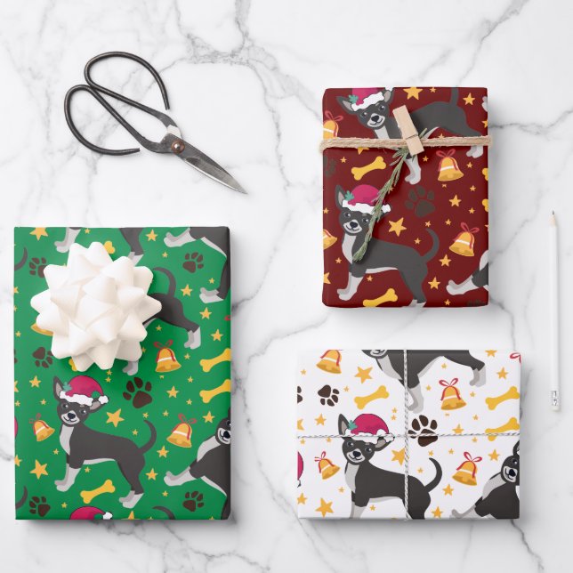 Hoja De Papel De Regalo Perro Chihuahua con Navidades de Santa Hat (Anverso)