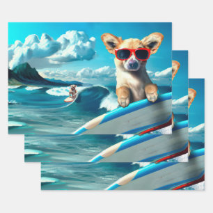 Hoja De Papel De Regalo Perro en Surfboard usando gafas de sol arte de IA